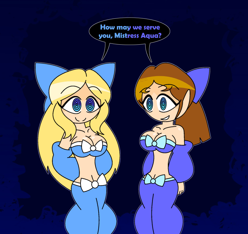 aged_up alice alice_in_wonderland alternate_costume arm_warmers arms_behind_back bare_shoulders blonde_hair blue_background blue_eyes bow brown_hair cleavage collarbone crossover disney english_text eyebrows_visible_through_hair eyelashes female_only femdom femsub hair_ribbon happy_trance harem_outfit hypnoscream kingdom_hearts large_breasts midriff multiple_girls multiple_subs navel peter_pan_(movie) ponytail pov_dom ring_eyes shiny_hair shiny_skin simple_background smile speech_bubble standing_at_attention tied_hair wendy_darling wide_hips