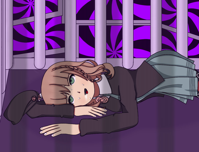 amnesia_(idea_factory) braid brown_hair cage clothed drool empty_eyes esbypno female_only femsub green_eyes happy_trance heroine_(amnesia) hypnotic_screen lying open_mouth solo spiral sweat tech_control tongue_out