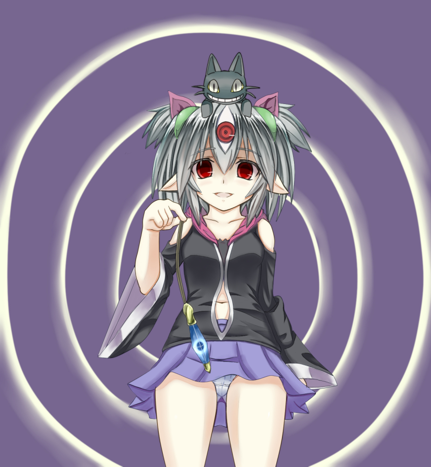 bare_shoulders black_bra blush crystal demon_girl elf_ears empty_eyes female_only grey_eyes grey_hair hoodie horns hypnosister jacket kenn looking_at_viewer navel pale_skin panties pendulum pov_sub red_eyes short_hair short_skirt skirt small_breasts smile solo spiral_background thighs third_eye trancefamiliar yu-gi-oh!