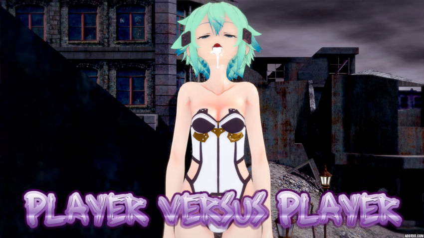 breasts cover cum cum_in_mouth empty_eyes english_text expressionless female_only femsub green_eyes green_hair nipples nude open_mouth shino_asada sword_art_online text zenin1