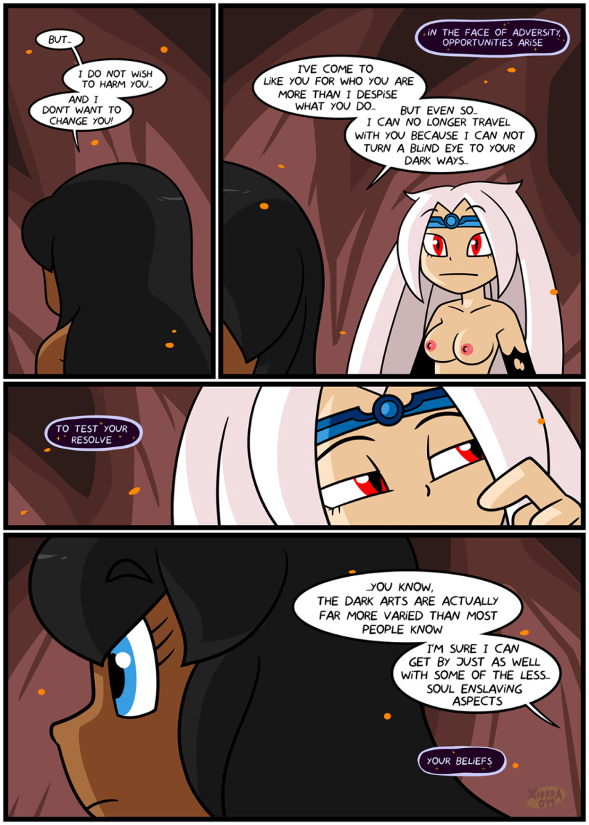 caption collar comic crown dark_skin female_only long_hair nude nun white_hair witch xierra099 yuri