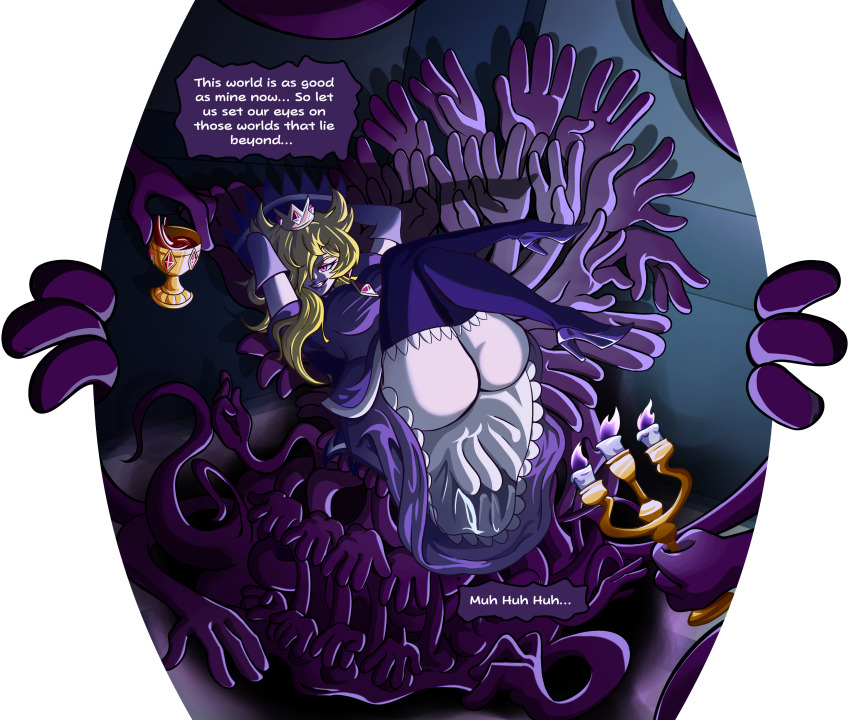 absurdres alternate_costume alternate_hairstyle arms_above_head ass blonde_hair bottomless candle corruption crossed_legs crown dialogue dress english_text evil_smile eyeshadow femsub flame gloves hair_covering_one_eye happy_trance high_heels large_ass lipstick looking_at_viewer makeup nintendo opera_gloves orange_eyes paper_mario paper_mario:_the_thousand_year_door possession princess_peach purple_lipstick queen royalty shadow_queen sitting speech_bubble super_mario_bros. tagme tentacles text thiccncute thighhighs thighs very_long_hair