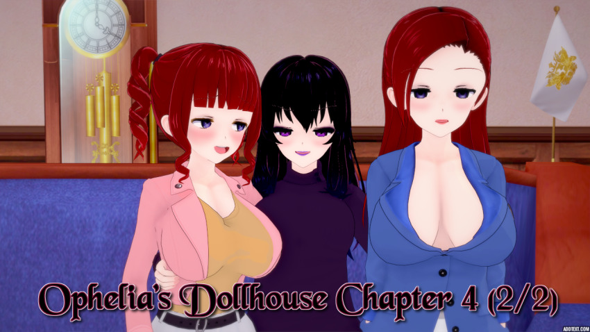 black_hair blue_eyes clothed cover empty_eyes english_text expressionless female_only femdom femsub jessica_(ophelia's_dollhouse) long_hair milf mother_and_daughter multiple_girls multiple_subs ophelia's_dollhouse ophelia_(ophelia's_dollhouse) purple_eyes red_hair text zenin1