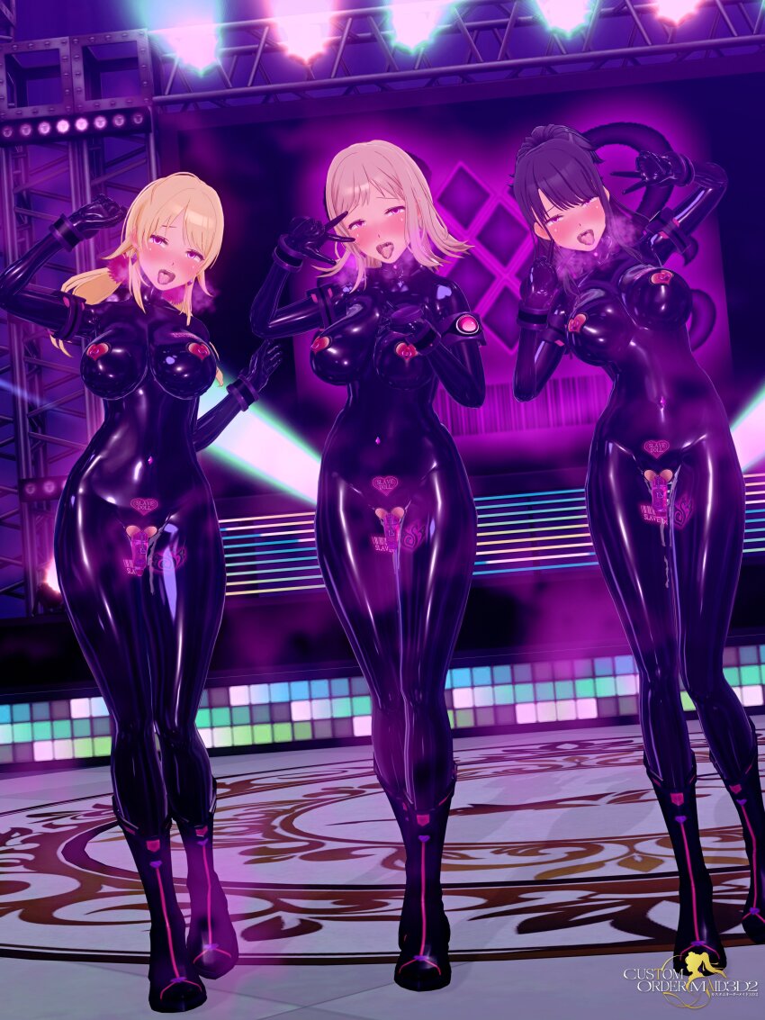 3d absurdres arm_bands barcode black_hair blonde_hair blush bodysuit boots censored collar crotch_cutout crotch_tattoo cuffs custom_maid_3d_2 dfish303 dildo double_v drool earrings empty_eyes female_only femsub heavy_eyelids large_breasts latex looking_at_viewer multiple_girls multiple_subs navel_piercing nipple_cutout nipple_piercing nipples open_mouth original pheromones pink_hair ponytail posing rubber short_hair symbol tech_control tight_clothing tongue tongue_out twintails v vaginal vibrator