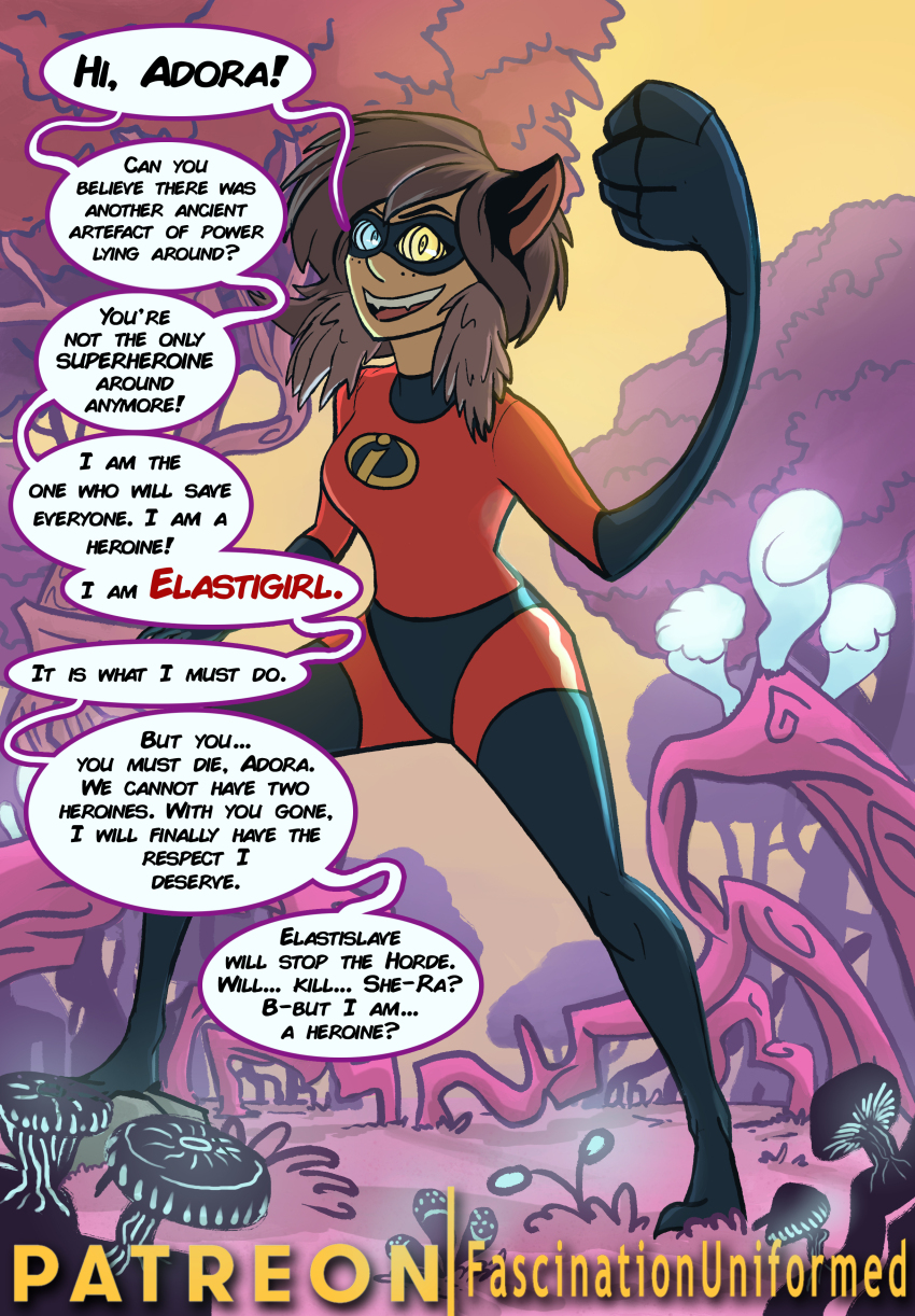 absurdres animal_ears breasts brown_hair cat_girl catra costume dialogue disney elastigirl female_only femsub happy_trance heterochromia looking_at_viewer mask mr_scade open_mouth she-ra_and_the_princesses_of_power smile solo text the_incredibles unaware