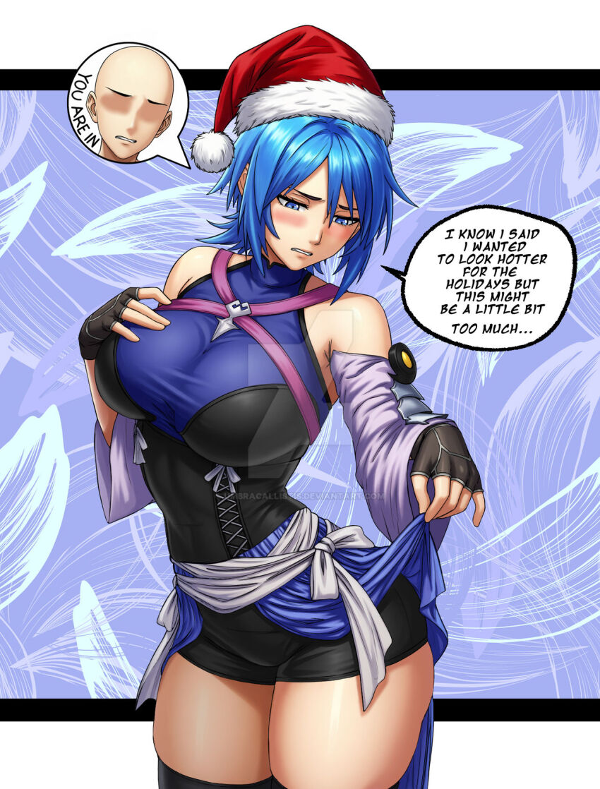 androgynous_dom aqua_(kingdom_hearts) bald bare_shoulders blue_eyes blue_hair blush breasts christmas clothed dialogue disney embarrassed english_text femsub fingerless_gloves gloves kingdom_hearts large_breasts no_eyes possession santa_hat short_hair speech_bubble square_enix text thick_thighs thighs umbra_callistis your_character_here