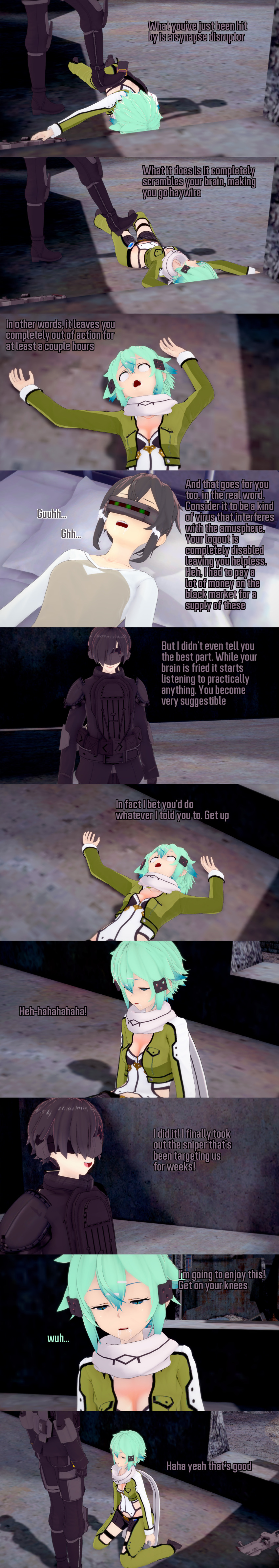 absurdres aware black_hair dialogue empty_eyes english_text expressionless eye_roll femsub green_eyes green_hair gun kneeling maledom one_eye_open shino_asada short_hair sword_art_online text weapon zenin1