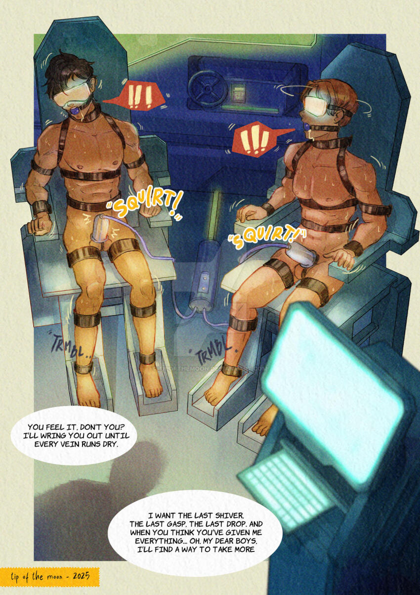 ball_gag black_hair bondage bottomless brown_hair chair drool gag male_only malesub nipples nude penis_milking restrained sitting sweat tech_control tipofthemoon topless trembling visor