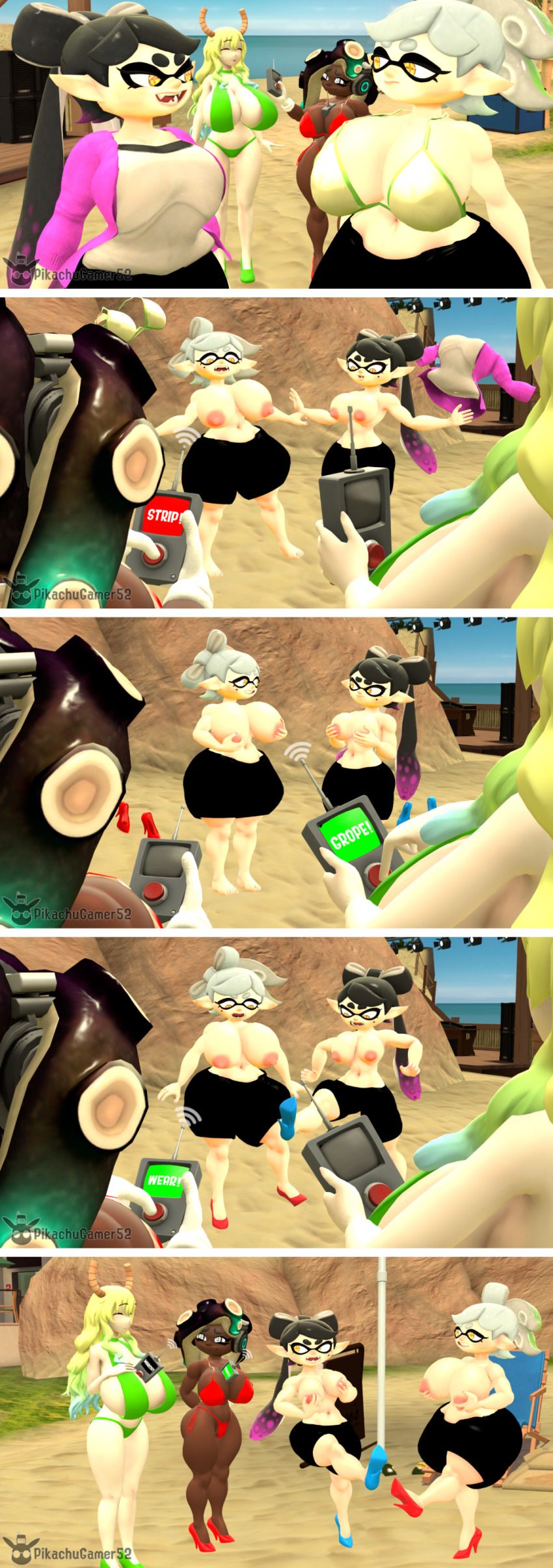 absurdres aware bare_breasts bare_legs bare_shoulders barefoot bikini bikini_bottom bikini_top body_control breast_grab breasts breasts_outside callie_(splatoon) exhibitionism female_only femsub groping happy_trance high_heels huge_breasts marie_(splatoon) marina_(splatoon) miss_kobayashi&#039;s_dragon_maid nintendo nude pikachugamer52 quetzalcoatl_(maidragon) remote_control spiral spiral_eyes spiralwash_eyes splatoon splatoon_2 splatoon_3 tech_control undressing undressing_command