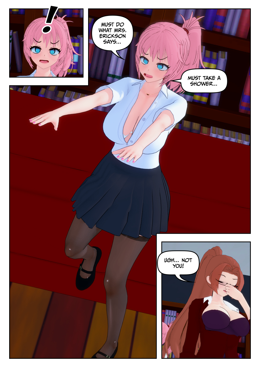 clothed comic crystal_(zko) femdom femsub green_eyes malesub mrs._erickson_(zko) open_clothes pink_hair pocket_watch ponytail rollb spiral_eyes text zko zombie_walk