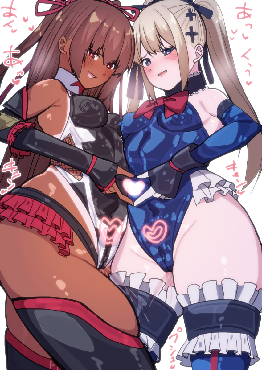armpits bare_shoulders blonde_hair blue_eyes blush bow bow_tie breast_press breasts breath brown_hair cameltoe collar crotch_tattoo dead_or_alive dead_source erect_nipples erect_nipples_under_clothes female_only femsub fingerless_gloves fishnets gloves heart heart_eyes heart_hands japanese_text leotard long_hair looking_at_viewer marie_rose miniskirt mizuki_yukikaze multiple_girls nishisan33212 opera_gloves petite pussy_juice red_eyes simple_background skirt small_breasts taimanin_(series) taimanin_yukikaze tan_skin thick_thighs thigh_boots thighhighs thighs twintails very_long_hair white_background