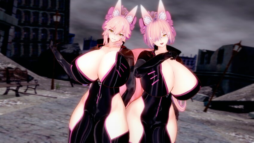 3d absurdres alternate_costume bodysuit breast_expansion cleavage collarbone corruption empty_eyes enemy_conversion evil_smile eyebrows_visible_through_hair fate/grand_order fate_(series) female_only femdom femsub fox_ears fox_girl fox_tail glasses gloves goddess growth hair_covering_one_eye hair_ribbon happy_trance hip_vents huge_breasts koyanskaya long_hair looking_at_viewer mashu_kyrielight multiple_girls next_yucoru_s opera_gloves outdoors pink_hair ribbon sequence short_hair smile tail thighs tight_clothing transformation yellow_eyes zipper