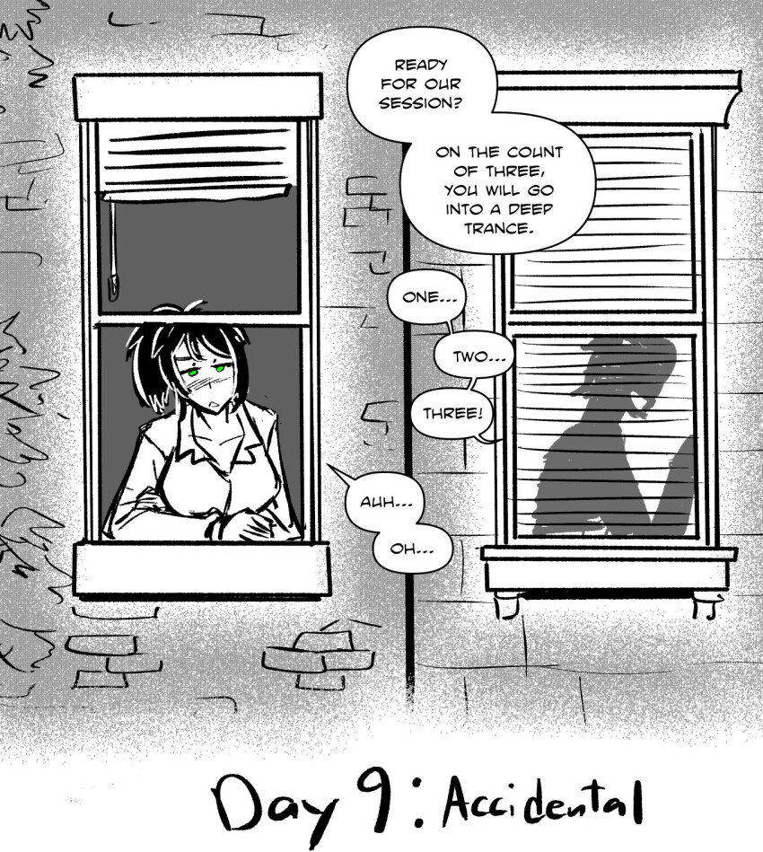 accidental_hypnosis ahoge black_hair blush clothed countdown crossed_arms dazed femsub glowing_eyes green_eyes hypnovember large_breasts looking_at_viewer majinsfw ponytail t-shirt text