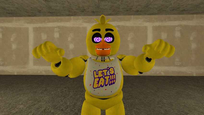 3d artist_request beak bird_girl chica chicken_girl femsub five_nights_at_freddy&#039;s furry gmod hypnotic_eyes looking_at_viewer pov pov_sub purple_eyes robot spiral_eyes symbol_in_eyes text