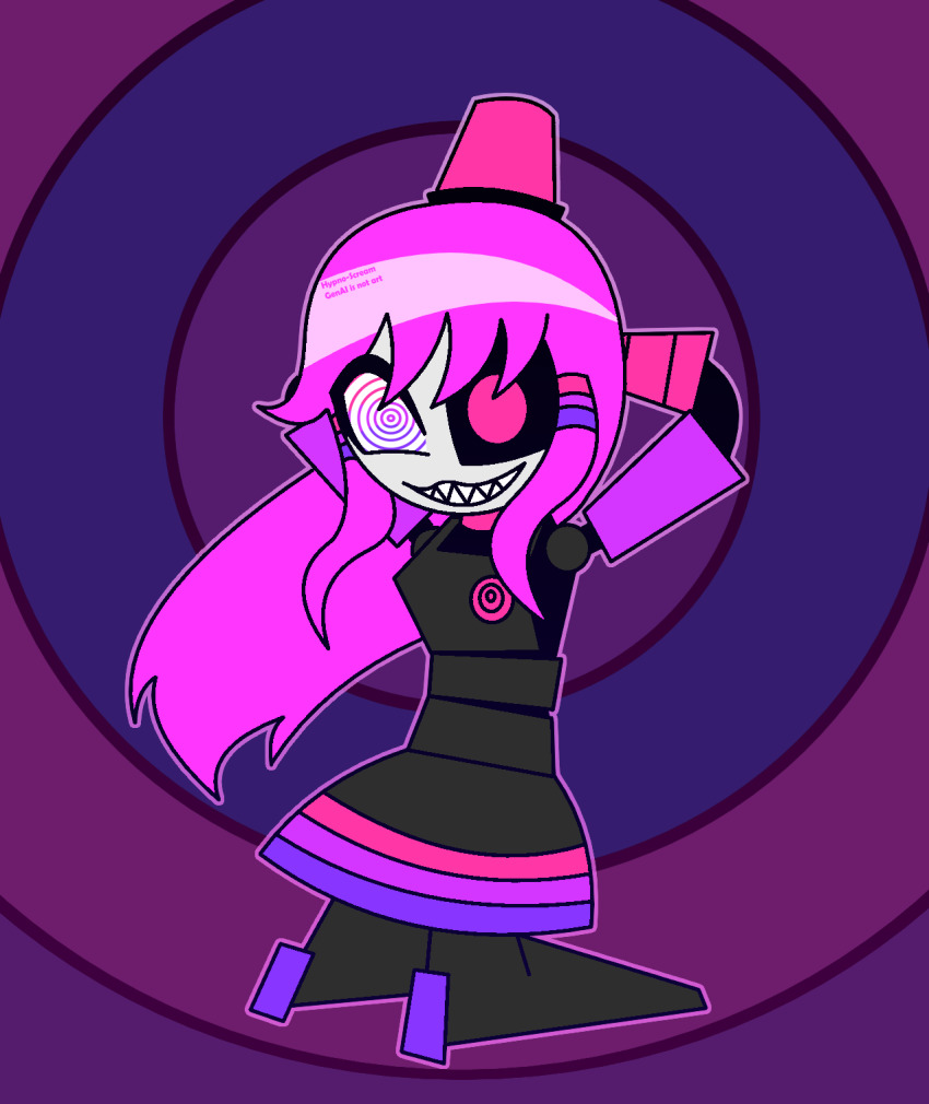 alternate_color_scheme arms_above_head bisexual femdom hypnoscream hypnotic_eyes kneeling mimi_sentry multicolored_eyes pink_hair posing pov_sub pride_colors ring_background ring_eyes robot_girl sharp_teeth shiny_hair skirt smile solo team_fortress_2 valve