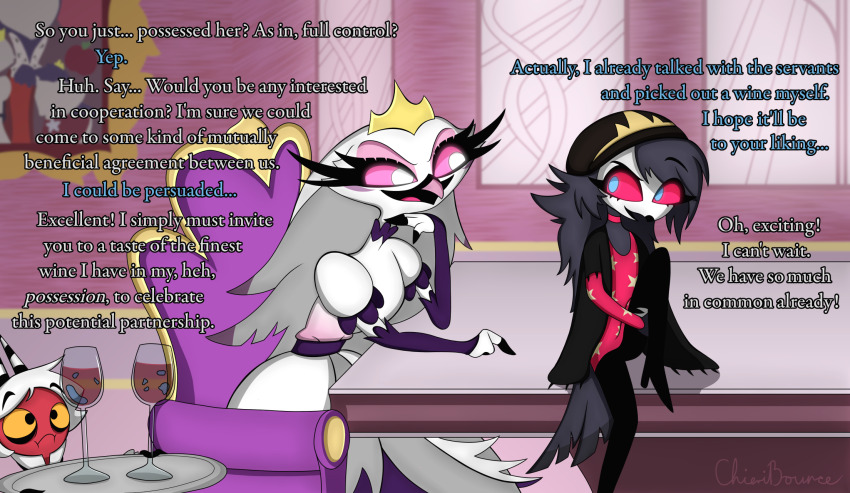 black_eyes blue_eyes chair chieri_(chieribounce) chieribounce crown demon dialogue english_text eye_color_change femdom femsub hat helluva_boss horns octavia_(helluva_boss) original pink_sclera possession red_sclera sitting slime stella_(helluva_boss) table text tray very_long_hair white_hair yellow_sclera