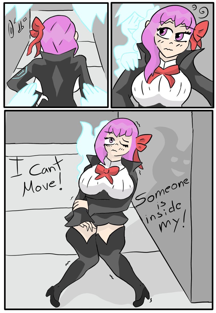 aware bb_(fate/extra_ccc) blush breasts character_request clothed comic dialogue don_nadie_23 english_text fate/extra_ccc fate_(series) femsub ghost hair_ribbon high_heels large_breasts maledom one_eye_open outdoors possession purple_eyes purple_hair ribbon spiral standing symbol text thigh_boots thighhighs thighs