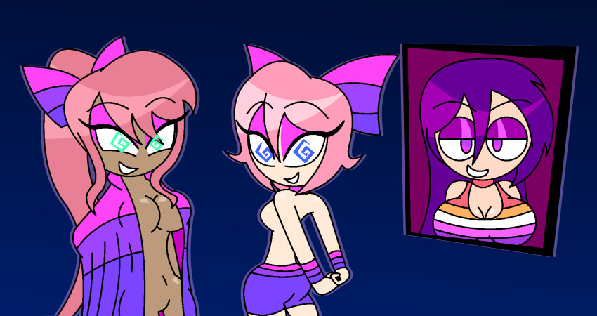 alternate_costume arms_behind_back bare_shoulders bisexual blue_eyes bow clothed_exposure dark_skin doki_doki_literature_club eyebrows_visible_through_hair eyeshadow female_only femdom femsub green_eyes hand_on_hip hypnoscream large_ass large_breasts looking_at_viewer looking_back monika multiple_girls multiple_subs navel nude pink_hair ponytail pride_colors purple_eyes purple_hair sayori_(doki_doki_literature_club) shiny_hair shiny_skin smug spiral_eyes tank_top topless wide_hips yuri yuri_(doki_doki_literature_club)