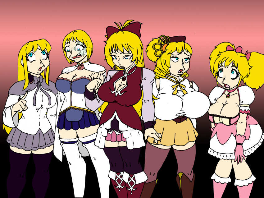 bimbofication blonde_hair breast_expansion breasts confused crazycowproductions female_only femsub homura_akemi huge_breasts kyouko_sakura large_breasts madoka_kaname mami_tomoe puella_magi_madoka_magica sayaka_miki