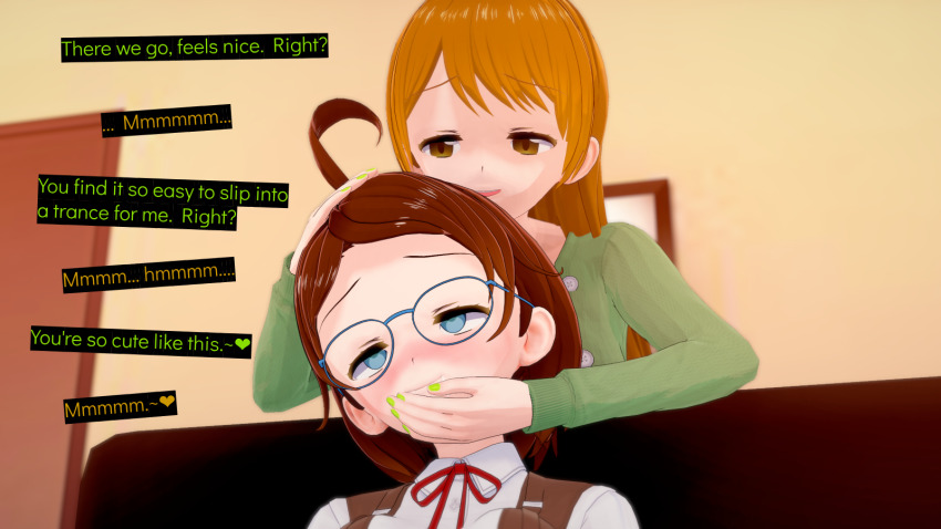 3d blue_eyes blush bow_tie brown_eyes brown_hair citrus_(cyanstargazer) cyanstargazer drool femdom femsub glasses happy_trance koikatsu! mimi_(cyanstargazer) orange_hair original text wholesome