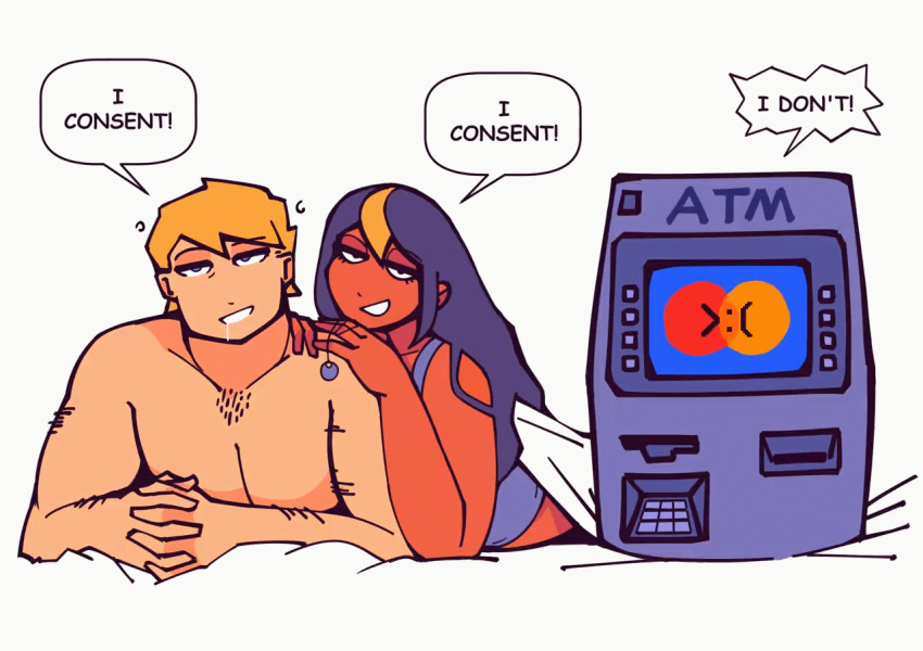 angry animated animated_gif arm_hair bed black_eyes black_hair blonde_hair blue_eyes cdlum chest_hair consensual damson_(cdlum) dark_skin dialogue drool english_text femdom long_hair malesub maple_(cdlum) meme meta original pendulum politics short_hair simple_background text topless white_background