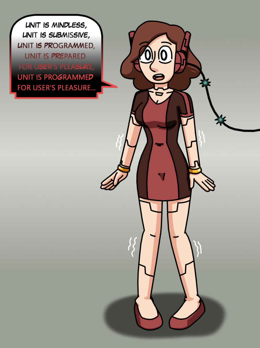 antenna black_eyes bracelet brown_hair cables clothed collarbone dialogue dress expressionless female_only fembot femsub gradient_background headphones hilda_(netflix) johanna_(hilda) knees_together mantra milf open_mouth ring_eyes robot_girl robotization short_hair simple_background solo speech_bubble standing supertechno324 tech_control text trembling wires