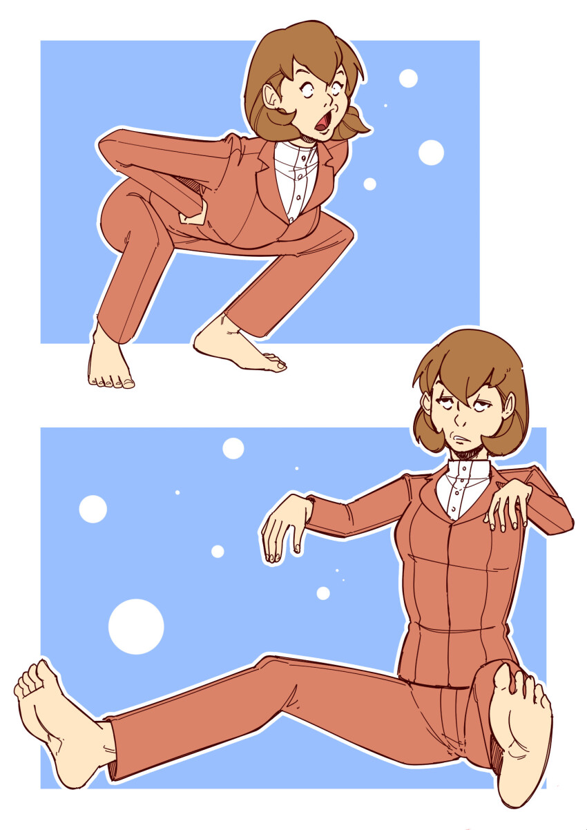 barefoot black_eyes border brown_hair chicken_pose clothed dazed efalabrino feet female_only femsub isako_toriumi_(persona_3) open_mouth pants persona_(series) persona_3 pet_play shirt short_hair shrunken_irises simple_background sitting solo spread_legs suit t-shirt