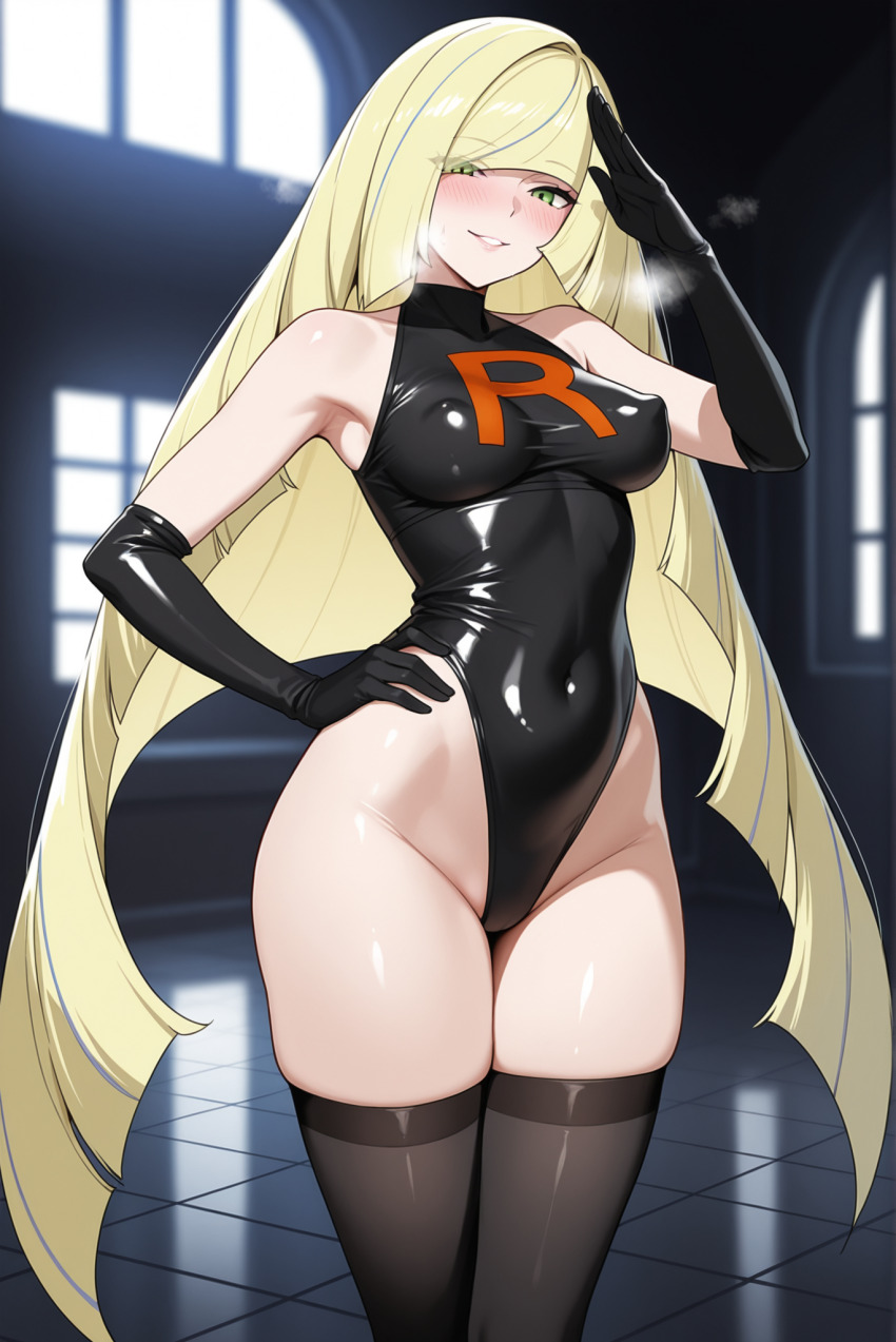 ai_art armpits bare_shoulders blonde_hair blush breath cameltoe earrings empty_eyes enemy_conversion erect_nipples erect_nipples_under_clothes evil_smile female_only femsub gloves green_eyes hair_covering_one_eye hand_on_hip happy_trance large_breasts leotard long_hair lusamine milf nintendo notreallyhere_(generator) pokemon pokemon_sun_and_moon rubber saluting smile solo standing team_rocket thick_thighs thigh_gap thighhighs very_long_hair wide_hips