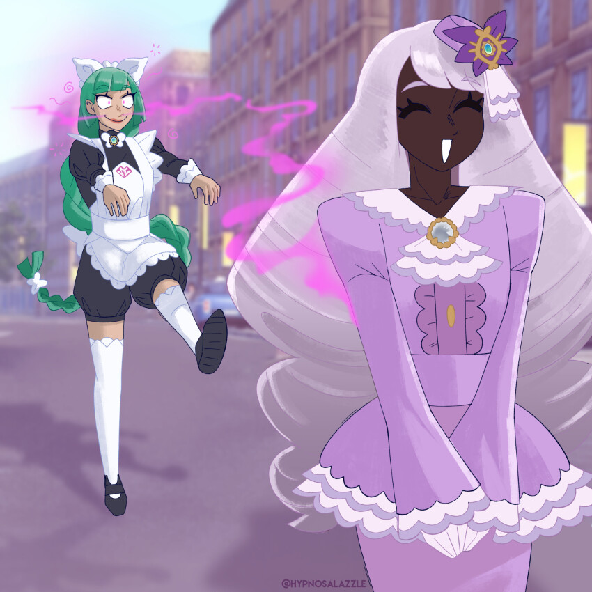 hypnosalazzle hypnotic_smell jacinthe_(pokemon) lebanne_(pokemon) nintendo outdoors perfume pokemon pokemon_legends_z-a tagme yuri zombie_walk