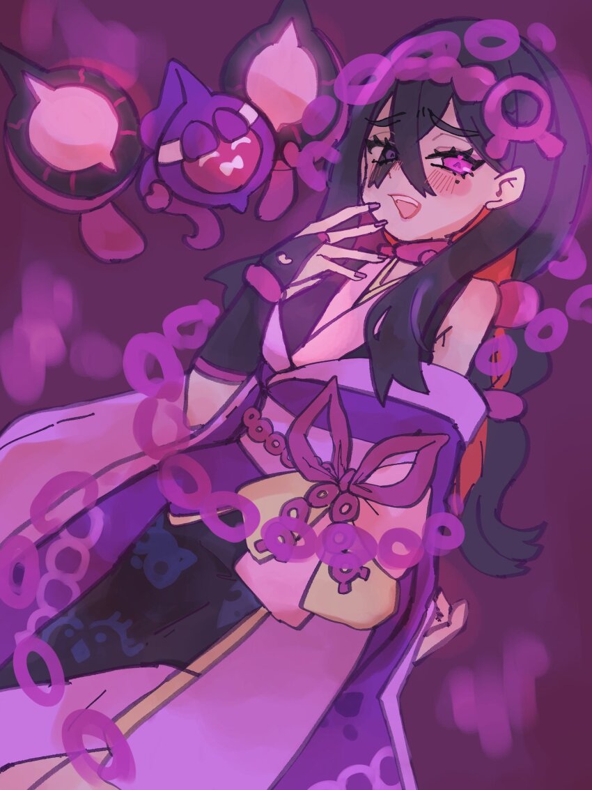 androgynous_dom bare_shoulders blush carmine_(pokemon) chains clothed control_indicator costume eye_color_change femsub floating happy_trance heart heart_eyes kimono looking_at_viewer malignant_chain nail_polish nintendo open_mouth pecharunt pokemon pokemon_(creature) pokemon_masters pokemon_scarlet_and_violet possession purple_eyes smile symbol_in_eyes tacho_baby