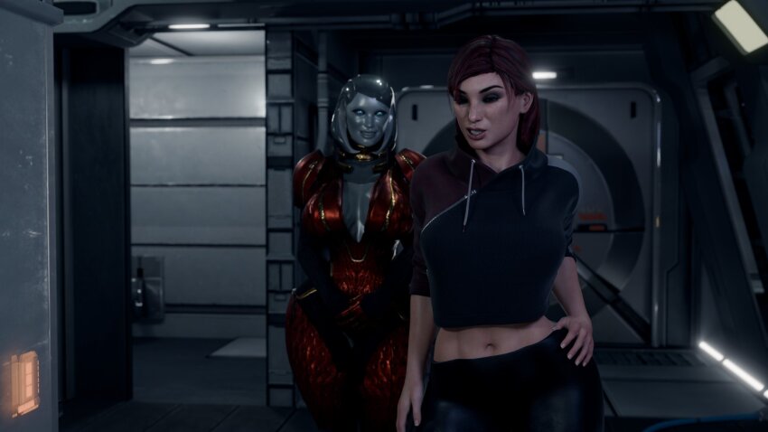 3d ass breasts commander_shepard crop_top edi_(mass_effect) glowing_eyes huge_ass huge_breasts large_ass large_breasts latex mass_effect red_hair robot robot_girl robotization samara spungyjacket