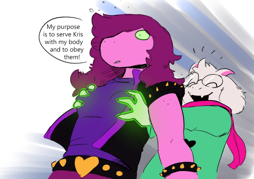 belt bracelet breast_grab breasts closed_eyes clothed dazed deltarune expressionless femsub furry geilsun_(manipper) glasses glowing glowing_eyes goat_boy green_eyes groping heart horns jacket jewelry lizard_girl long_hair magic maledom manip muscle_girl open_mouth pink_skin purple_hair ralsei scarf shrunken_irises simple_background smile susie_(deltarune) text the-minuscule-task white_hair