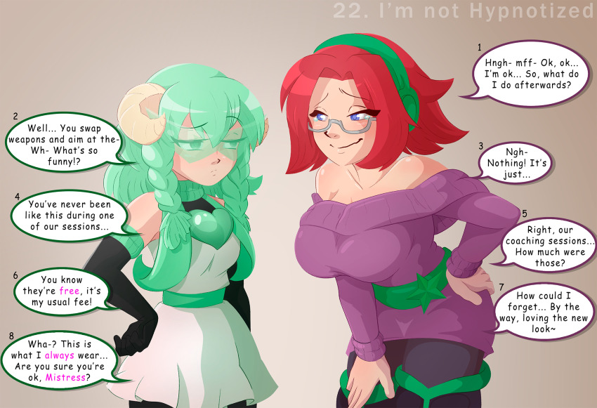 alternate_costume belt disguised_hypnotist empty_eyes femdom femsub fuiwa_(fuiwamarble) green_eyes green_hair horns hypnovember original red_hair sweater tagme text twin_braids unaware visor