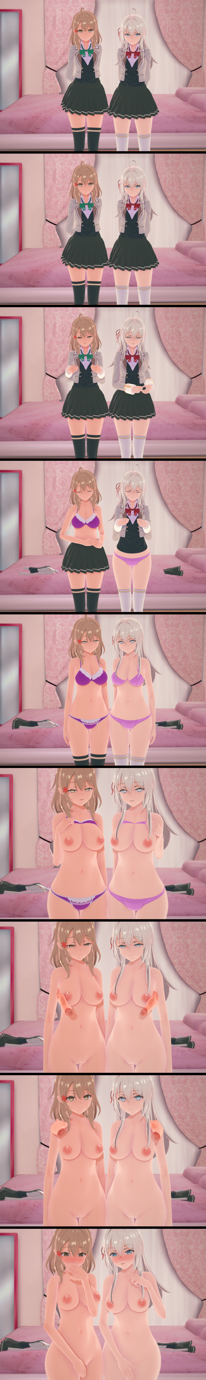 3d absurdres ahoge alisa_mikhailovna_kujou alya_sometimes_hides_her_feelings_in_russian awakening bed bedroom blue_eyes blush bra breast_fondling breasts brown_eyes brown_hair coat cuffs empty_eyes erect_nipples expressionless eyebrows_visible_through_hair femsub hair_ornament koikatsu! kuromac long_hair maria_mikhailovna_kujou midriff multiple_girls multiple_subs navel nipples nude panties pov_dom school_uniform sequence silver_hair smile thigh_gap thighhighs underwear undressing unfocused_eyes