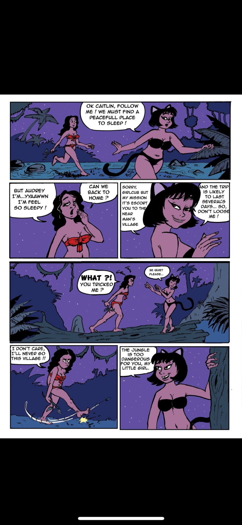 bicooo6 bikini black_hair cat_ears cat_girl cat_tail comic female_only jungle loincloth long_hair multiple_girls night original speech_bubble text