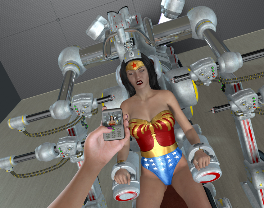 3d bare_shoulders black_hair bracers breasts cleavage collarbone dc_comics femsub headband heavy_eyelids injection leotard long_hair nail_polish pov pov_dom remote_control resisting sitting sleeper77 sleeping super_hero tech_control wonder_woman