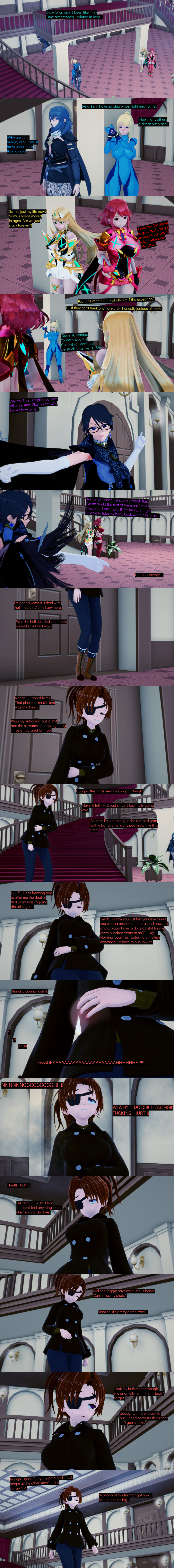 absurdres aware bayonetta bayonetta_(series) black_eyes black_hair blonde_hair blue_eyes byleth_eisner closed_eyes clothed cyanstargazer dialogue english_text eyepatch femdom femsub fire_emblem fire_emblem_three_houses glasses long_hair metroid_(series) multiple_girls mythra_(xenoblade) nintendo pyra_(xenoblade) red_eyes red_hair samus_aran short_hair statue super_smash_bros. text xenoblade_chronicles xenoblade_chronicles_2 yellow_eyes