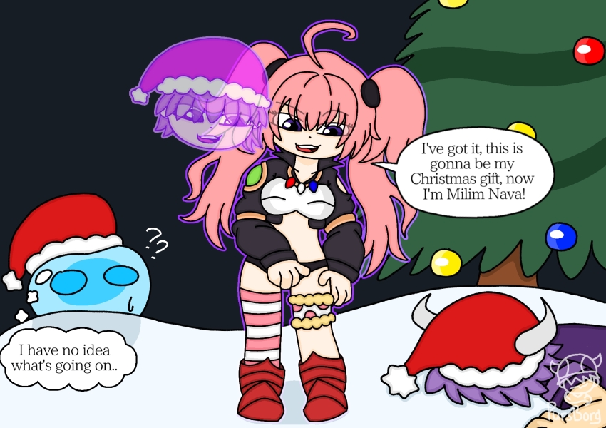 ahoge aura blue_eyes breasts character_request christmas christmas_tree confused eye_color_change femsub hat horns lying maledom midriff milim_nava night non-binary pink_hair possession purple_eyes pursborg rimuru_tempest slime snow standing symbol text that_time_i_got_reincarnated_as_a_slime thought_bubble trees