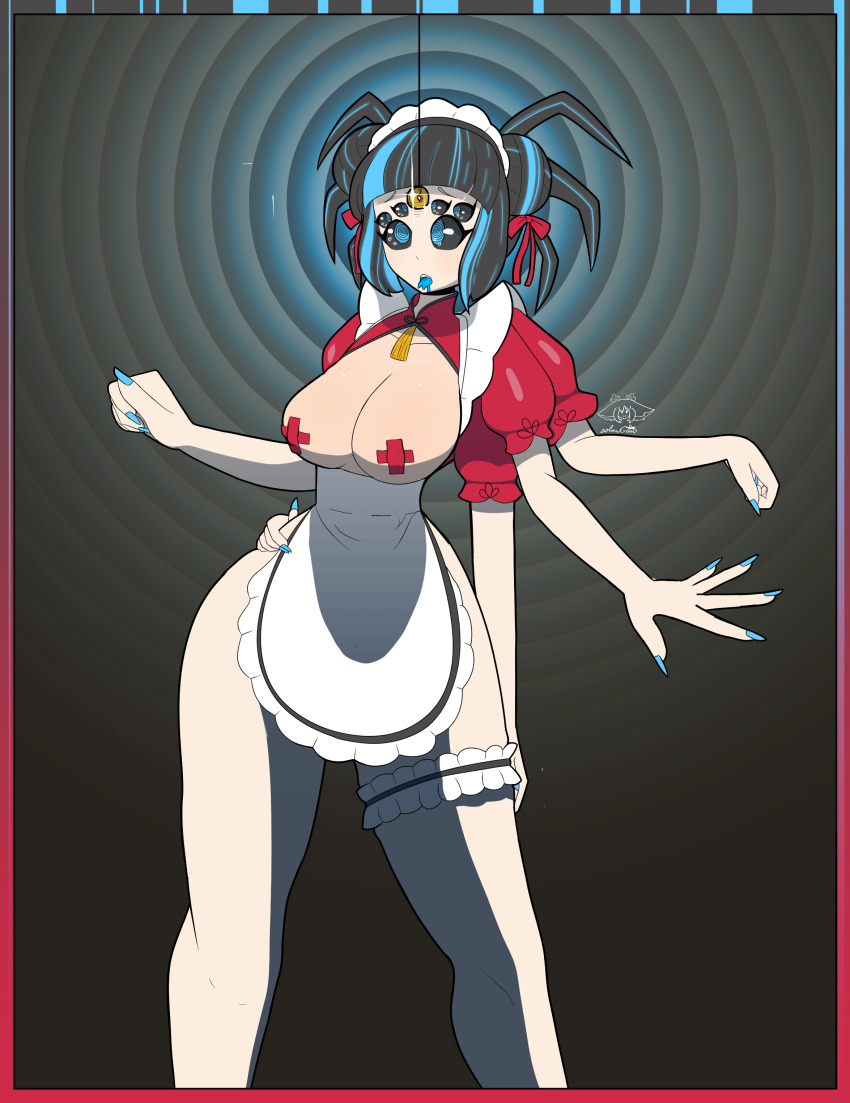 ahegao apron arched_back ass bare_legs black_hair black_sclera blue_eyes blue_hair border bow breasts china_dress cleavage coin crossed_eyes drool expressionless eyelashes female_only femsub frills gradient_background hair_buns large_breasts maid maid_headdress monster_girl multicolored_hair multiple_arms multiple_eyes nail_polish naked_apron open_mouth original pasties ribbon signature sobergin spider_girl spider_maid_(sobergin) spiral_background spiral_eyes straight-cut_bangs thick_thighs thighs tongue_out wide_hips