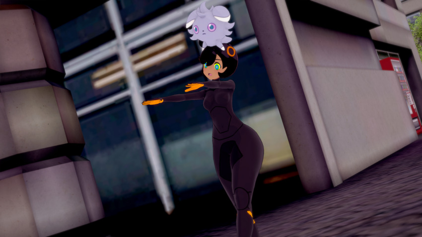 3d black_hair bodysuit emma_(pokemon) espurr grey_hair hair_ornament kaa_eyes latex mimi_(pokemon) nintendo open_mouth pokemon purple_eyes ring_eyes short_hair simple_background sonrio12 zombie_walk