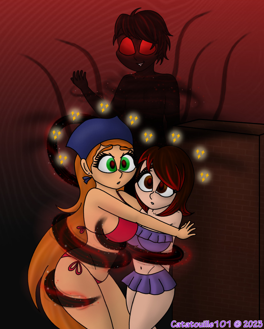 absurdres aura bare_legs bare_shoulders bikini bikini_bottom bikini_top cambridge_circle catatouille101 evil_smile eye_color_change femsub glowing_eyes kate_kestrel kronos_(kronos_va/game_brains) legs long_hair maledom midriff multicolored_eyes navel open_mouth original red_background red_eyes red_hair sam_jaden short_hair simple_background smile sparkle symbol tentacles thighs very_long_hair