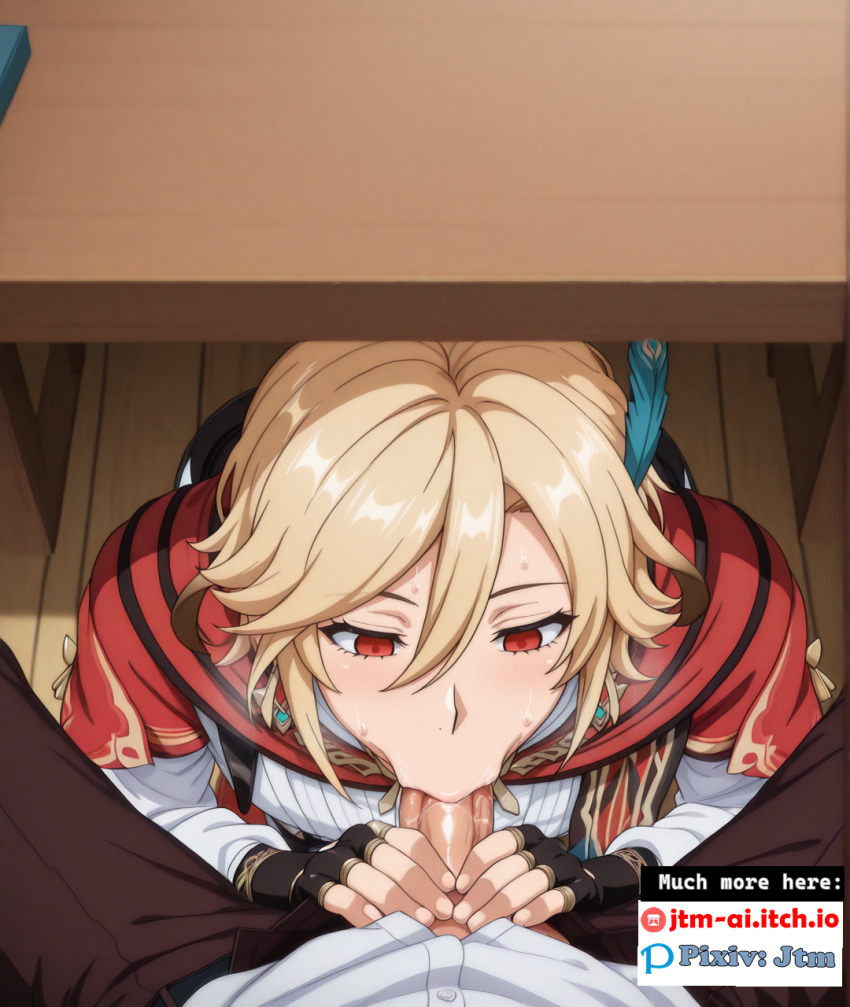ai_art blonde_hair blowjob_face blush clothed clothed_sex empty_eyes fellatio genshin_impact jtm-ai_(generator) kaveh male_only maledom malesub penis pov pov_dom under_table yaoi