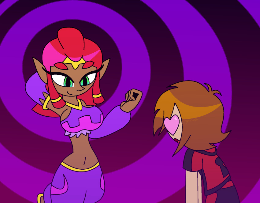 aged_up alternate_costume arm_warmers bare_shoulders consensual crop_top crossover crown dancer dark_skin disney elf_ears eyebrows_visible_through_hair eyelashes femdom gerudo green_eyes harem_outfit heart_eyes hoodie hypnoscream hypnotic_dance kingdom_hearts large_breasts leaning_forward love makeela_riju malesub midriff navel nintendo open_mouth pants purple_background red_hair ring_background seductive_smile shiny_hair short_hair sideboob sora square_enix tears_of_the_kingdom the_legend_of_zelda tied_hair wide_hips