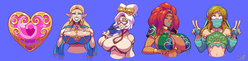 arm_warmers bare_shoulders bimbofication blonde_hair blue_background bracelet breast_expansion breast_fondling breast_grab breath_of_the_wild brown_hair choker cleavage cleavage_cutout crop_top double_v earrings eyeshadow femsub fingerless_gloves fishnets glasses gloves happy_trance harem_outfit headband huge_breasts jewelry large_breasts link lipstick long_hair makeup malesub nail_polish necklace nintendo pink_eyes princess_zelda psyfly purah red_hair shoulder_pads sideboob simple_background smile tagme tears_of_the_kingdom the_legend_of_zelda underboob urbosa v veil white_hair