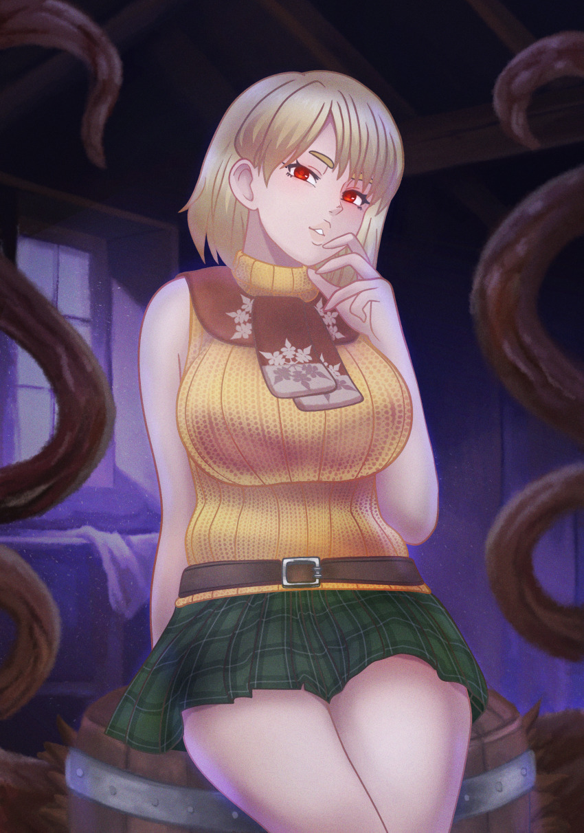 absurdres ashley_graham belt blonde_hair breasts capcom clothed corruption eye_color_change femsub large_breasts looking_at_viewer mikeonhighway61 possession red_eyes resident_evil resident_evil_4 short_hair sitting skirt tentacles thighs