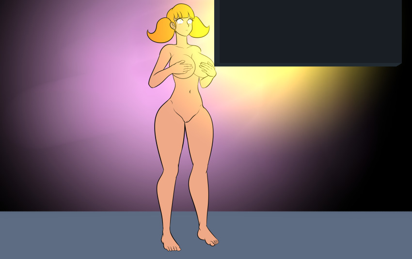 bare_shoulders barefoot blonde_hair bottomless breast_grab breasts expressionless feet femsub glowing glowing_eyes groping inspector_gadget_(series) katsiika large_breasts monitor nude penny_gadget shrunken_irises standing tech_control topless twintails western yellow_eyes