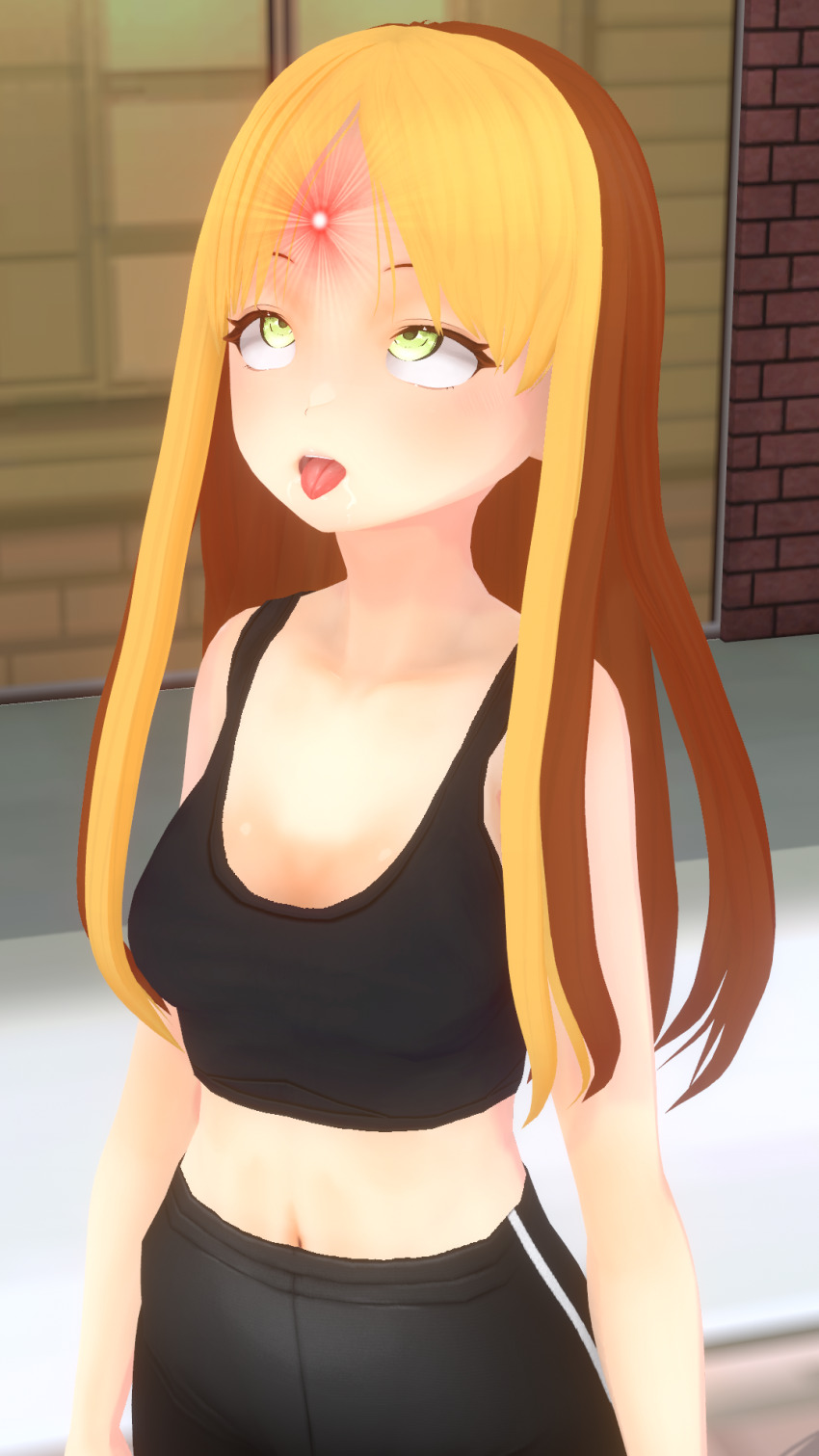 3d bare_shoulders blonde_hair cleavage collarbone crossed_eyes drool empty_eyes eye_roll female_only femsub fushigi green_eyes hypnotic_light long_hair midriff navel open_mouth original pants solo standing standing_at_attention tank_top tongue tongue_out vroid