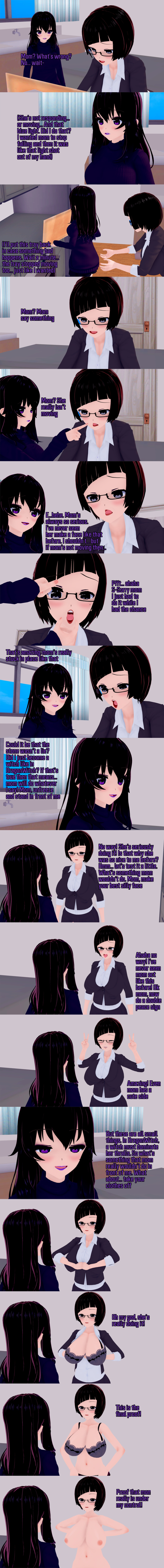 absurdres black_hair bra breasts closed_eyes clothed dialogue double_v elise_(ophelia's_dollhouse) empty_eyes english_text expressionless female_only femdom femsub glasses grey_eyes long_hair milf mother_and_daughter multiple_girls nipples nude ophelia's_dollhouse ophelia_(ophelia's_dollhouse) purple_eyes short_hair text underwear undressing undressing_command v zenin1