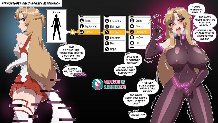 4headboiii absurdres altered_common_sense asuna before_and_after blush bodysuit braid breast_expansion breasts brown_eyes brown_hair crotch_tattoo dialogue drool eye_color_change femsub gameplay_mechanics gloves glowing huge_breasts hypnovember long_hair looking_at_viewer looking_back maledom navel nipples open_mouth opera_gloves panting pink_eyes pussy_juice see-through simulated_fellatio spread_pussy standing sword_art_online tattoo text tongue tongue_out trembling virtual_reality