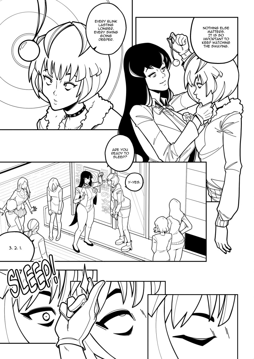 black_hair chin_hold choker comic efalabrino female_only femdom femsub open_mouth pendulum persona_(series) persona_5 sleep_command tae_takemi text